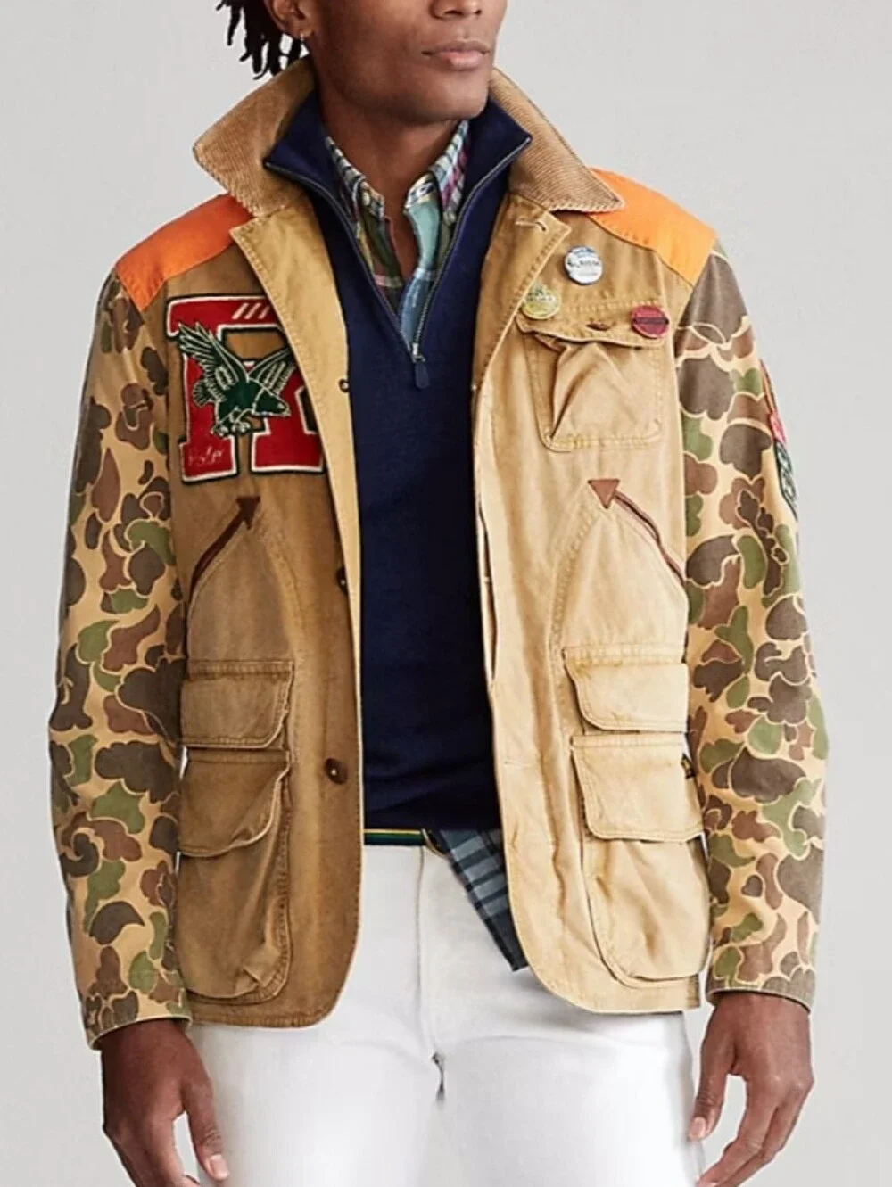 NWT Men's Polo by Ralph Lauren Khaki Jacket with Camo Sleeves and Orange Accents